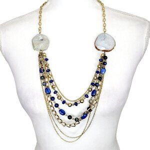 Large Multi-Gemstone Necklace Multi-Strand Gold Tone Statement Chains & Beads